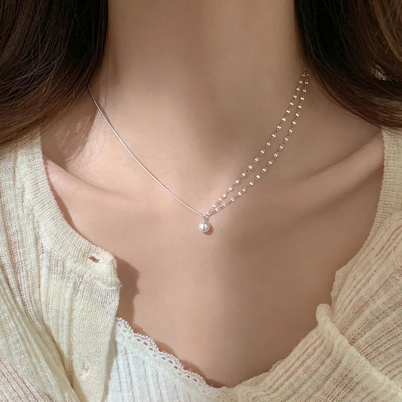 Collar de perlas de doble capa de Plata de Ley 925 con temperamento brillante, collar de cadena asimétrico, joyería de moda ﻿