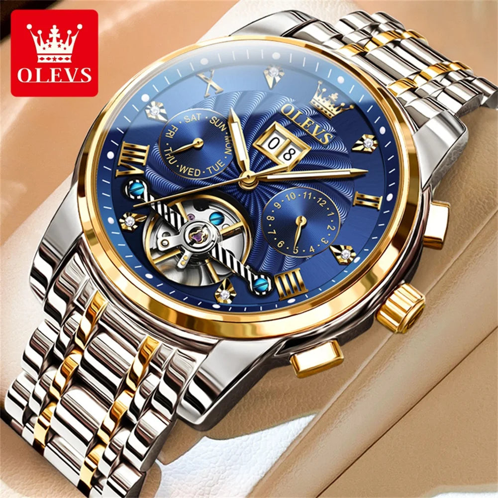 OLEVS 9910 Reloj para hombre Tourbillon de lujo Original Reloj mecánico automático Reloj luminoso resistente al agua con fecha y día con caja Reloj
