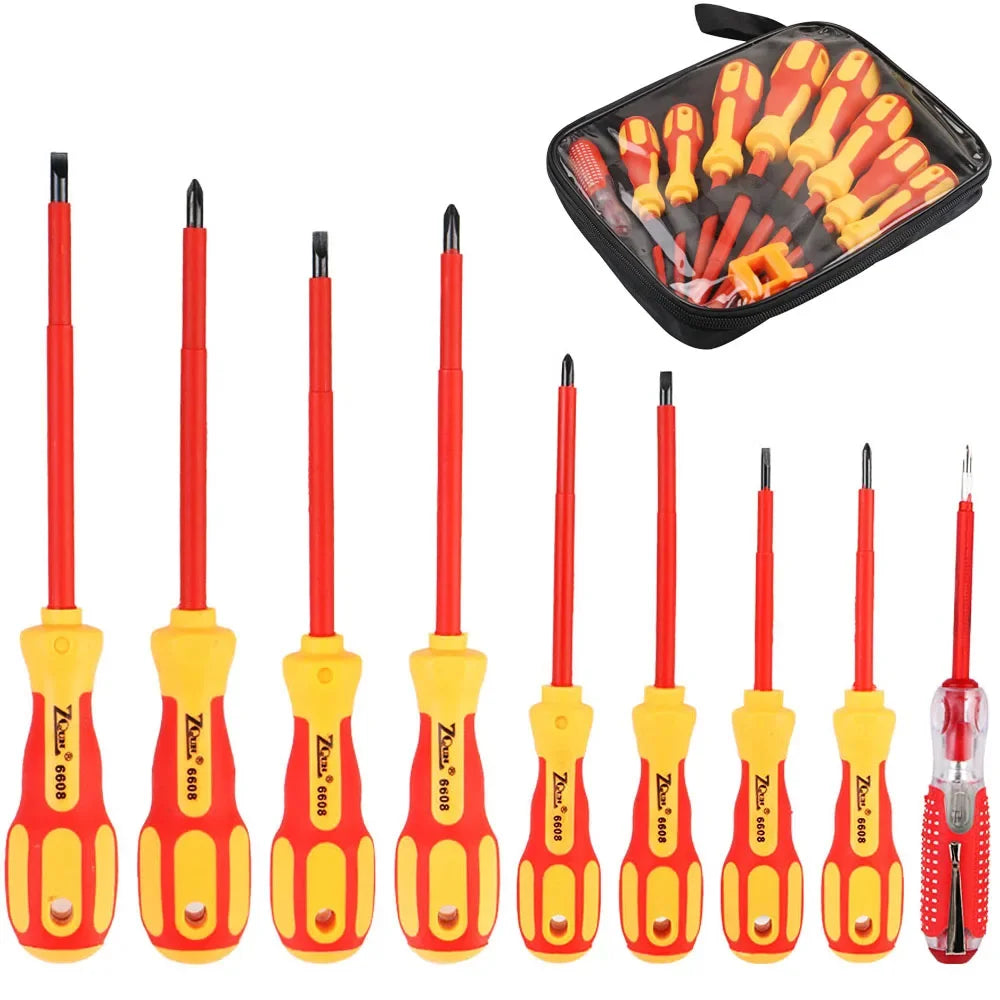 Juego de 10 Destornilladores Aislados VDE 500V, con Puntas Magnéticas Intercambiables y Estuche, para Electricistas Profesionales y Domésticos