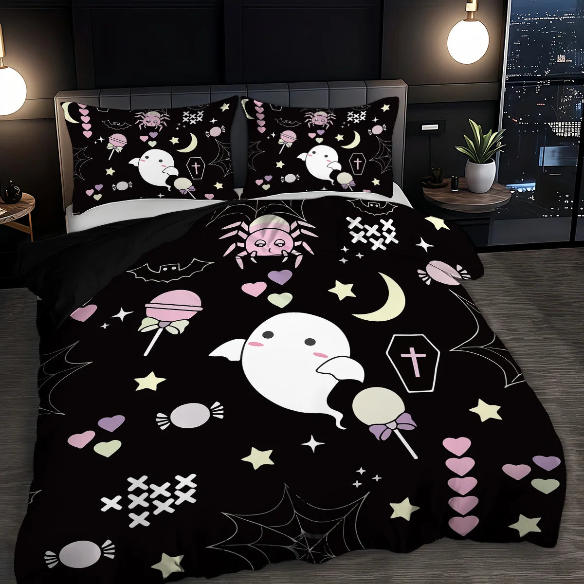 Juego de ropa de cama con estampado de fantasma para Halloween, sin núcleo, para dormitorio, sala de estar, dormitorio, varios tamaños, lavable a máquina, 3 uds.