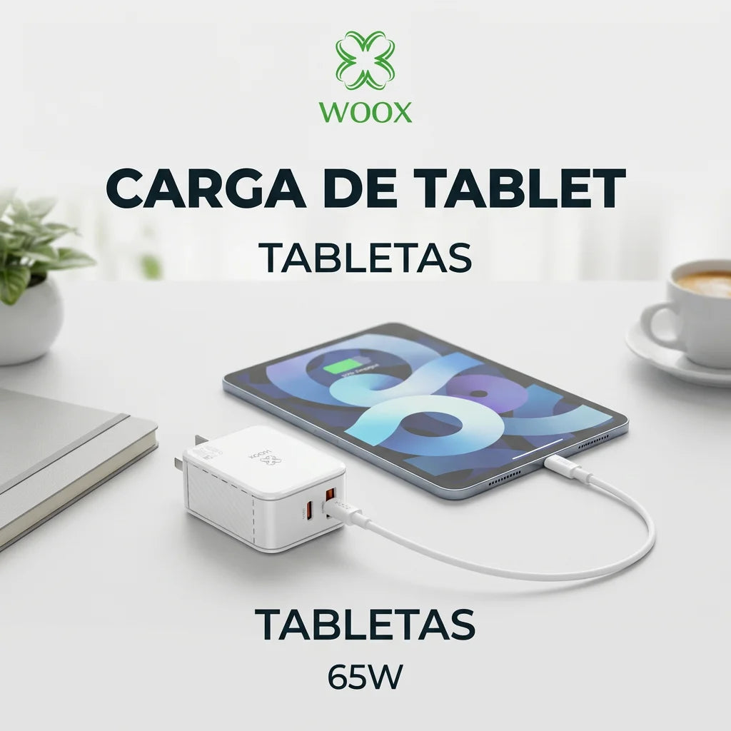 Cargador Rápido Woox 65W GaN con Cable de 100W, 2 Puertos Compactos (USB-C PD y USB-A) para iPhone 17, Teléfono Android, Ordenador Portátil