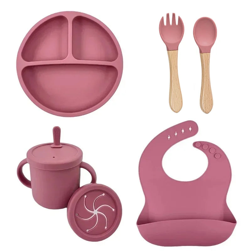 Juego de alimentación de bebé de silicona sin BPA, cuenco con ventosa, plato de comedor, taza de paja, cuchara, tenedores para niños, vajilla para bebés, platos para niños