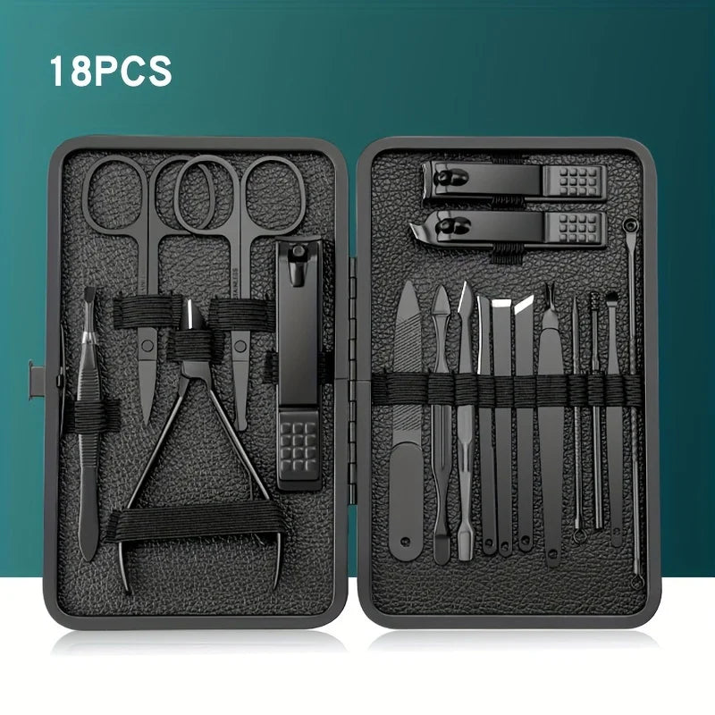 Juego de manicura profesional, cortaúñas de acero inoxidable con cuero portátil, 7/10/12/18/20/24 piezas