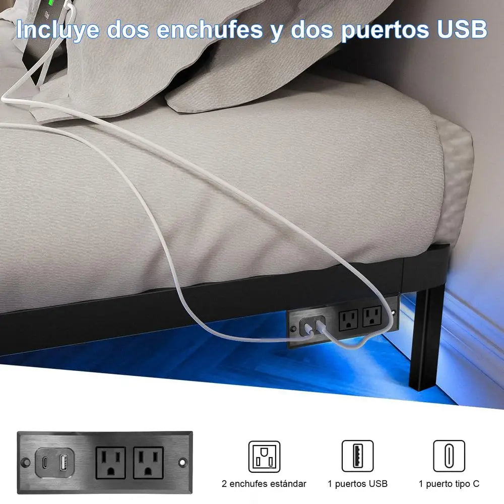 Base de Cama Matrimonial Flotante con LED y Enchufe, Base de Cama de Metal King Size, Apta para Adultos, Color Negro con Iluminación
