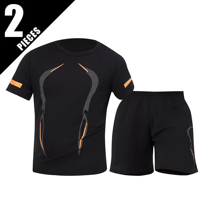 Conjunto de manga corta para hombre de las cuatro estaciones, camiseta estampada de secado rápido para deportes juveniles, Fitness, correr, cómodo e informal, 2 piezas