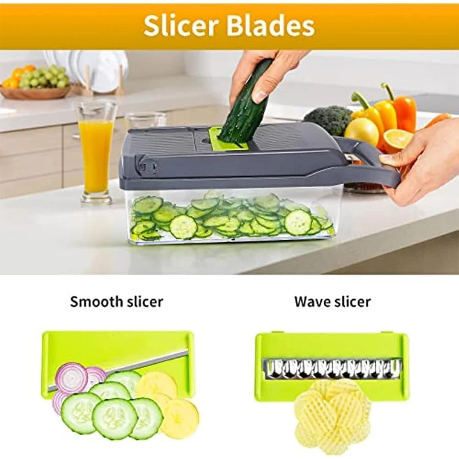 Picadora de verduras multifuncional 14 en 1, picadora de cebolla con mango, rejilla para alimentos, picadora de alimentos, cortadora de verduras de cocina