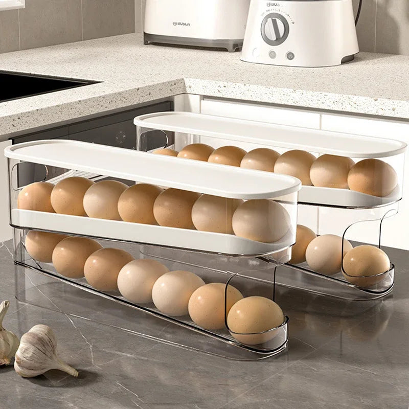 Caja de huevos tipo diapositiva, doble rodillo automático para huevos, puerta lateral para refrigerador, almacenamiento de huevos, soporte para huevos para encimera de cocina