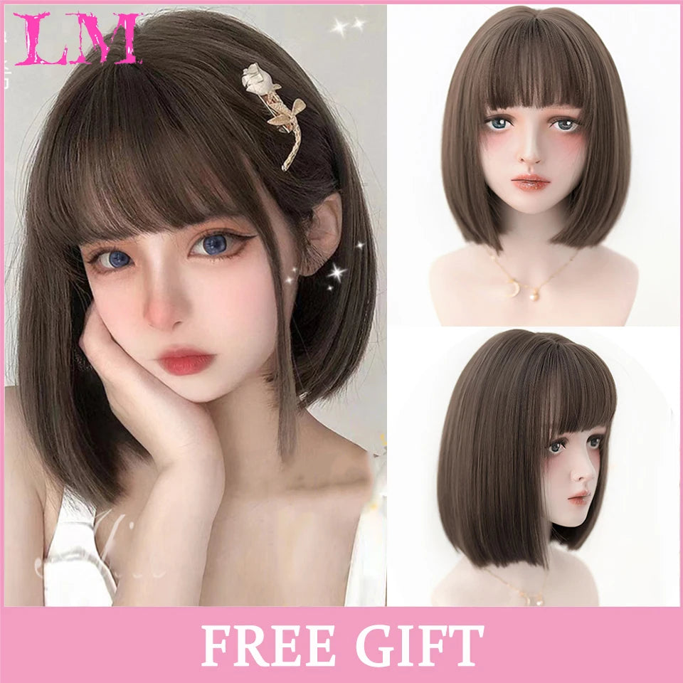 LM Rubio sintético Ombre mezclado rosa Rubio largo ondulado pelucas con flequillo Cosplay fiesta uso fibra resistente al calor para mujeres