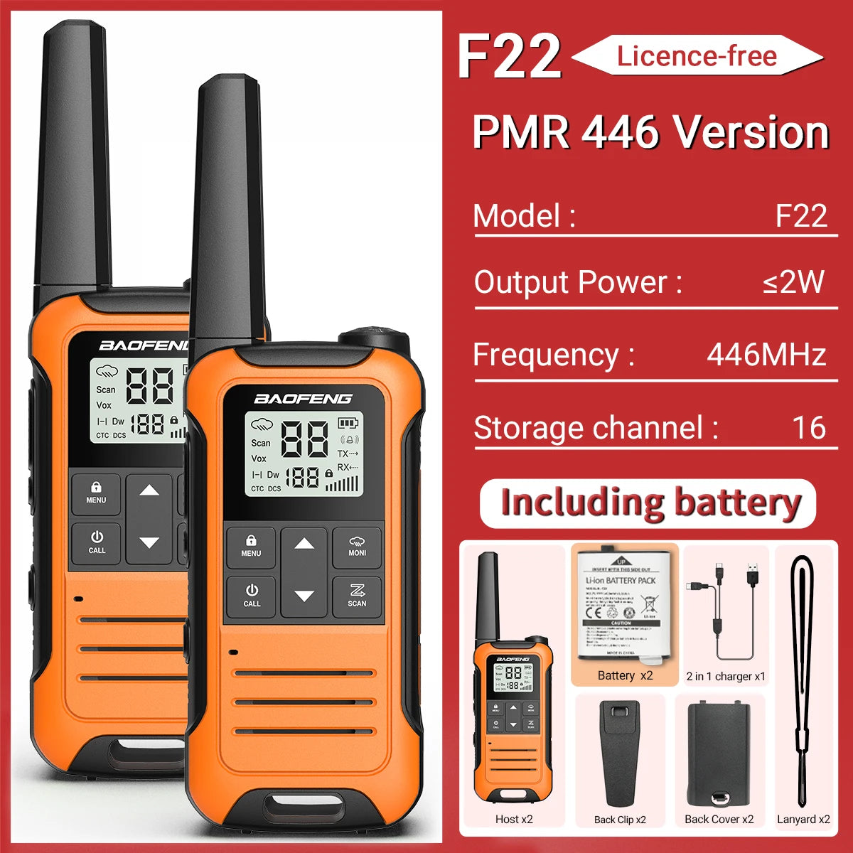 2PCS Baofeng F22 PMR 446MHz Mini Walkie Talkie Impermeable Tipo-C Sin Licencia NOAA Linterna Radio Bidireccional Portátil para Caza