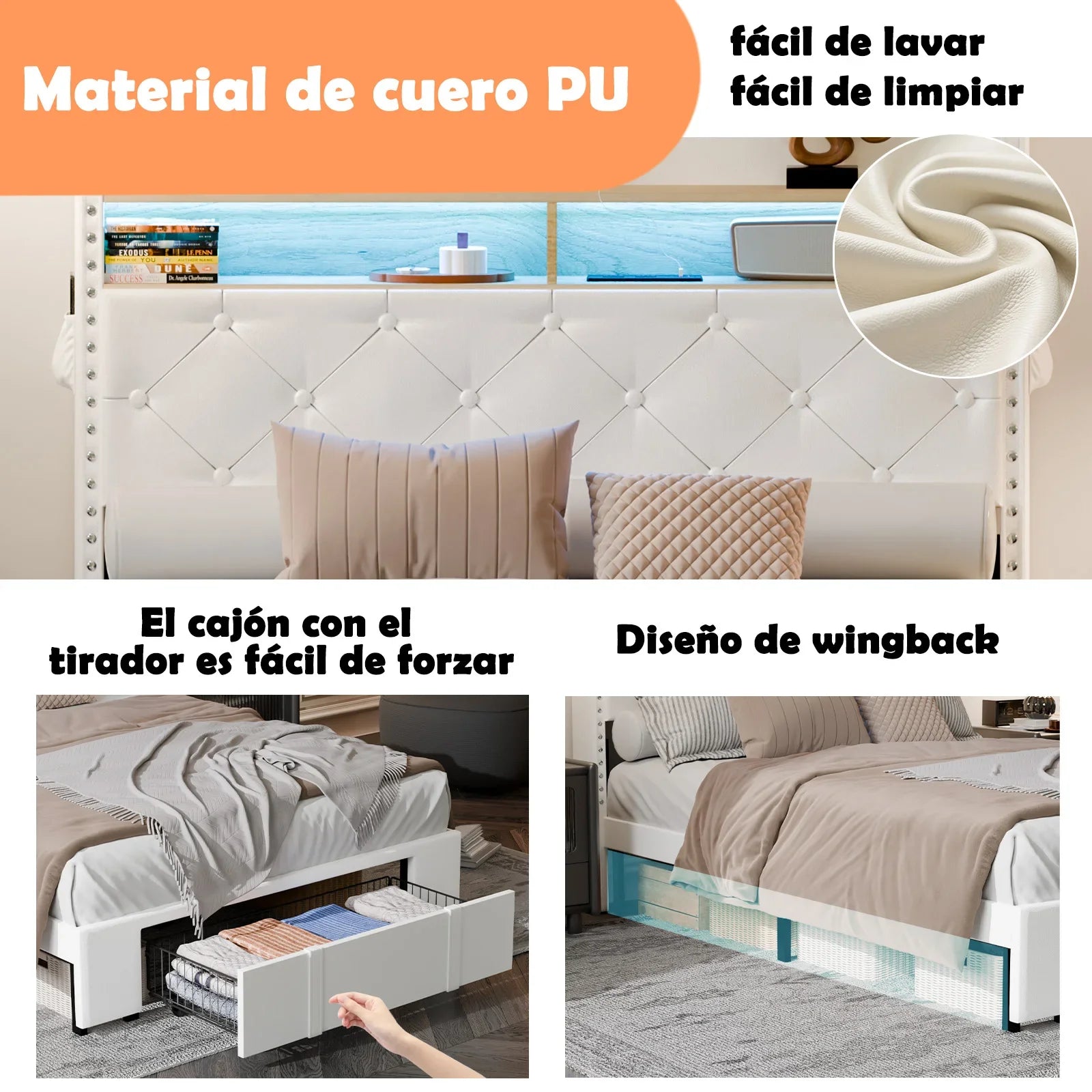 Cabecero de madera, marco de cama, almacenamiento de luces Led, estación de carga, plataforma de Metal regulable, muebles Wingback de estilo moderno