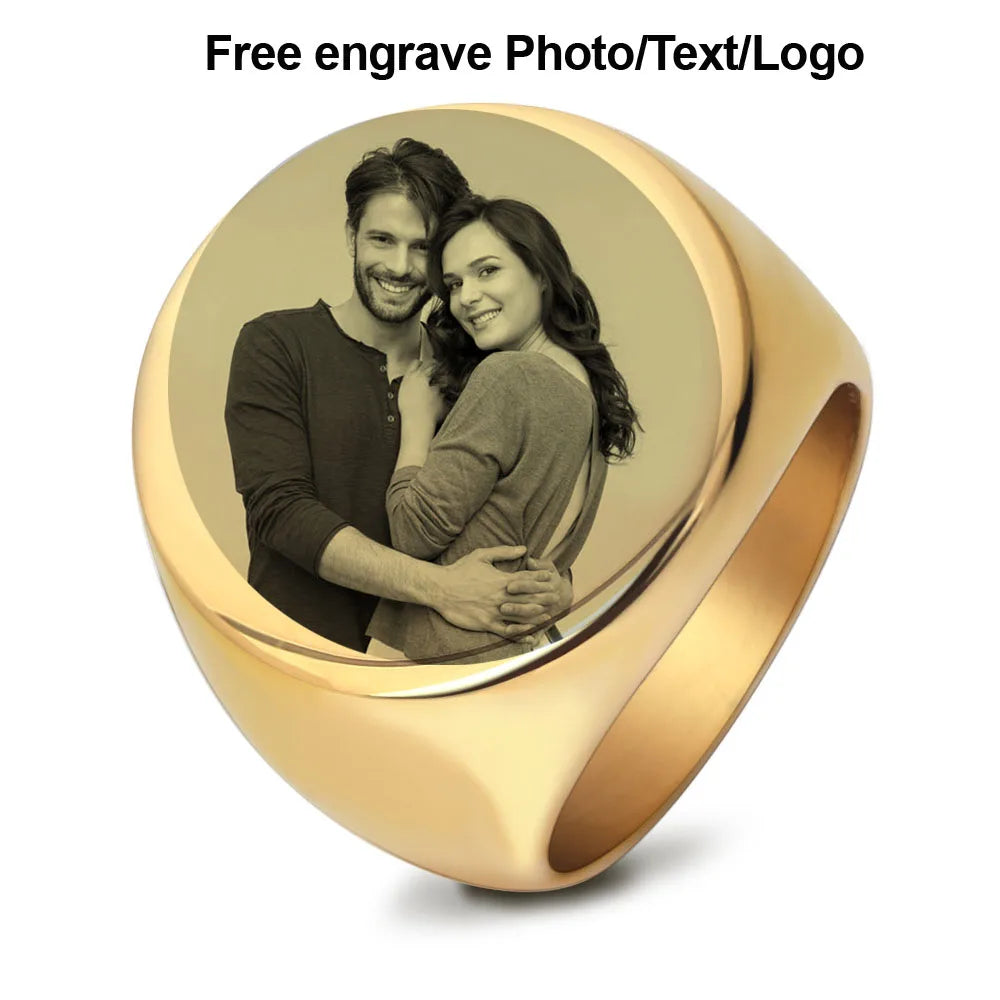 Anillo redondo con foto personalizada, anillos de acero inoxidable grabables gratis, joyería con nombre y logotipo personalizado para hombre, regalo conmemorativo familiar