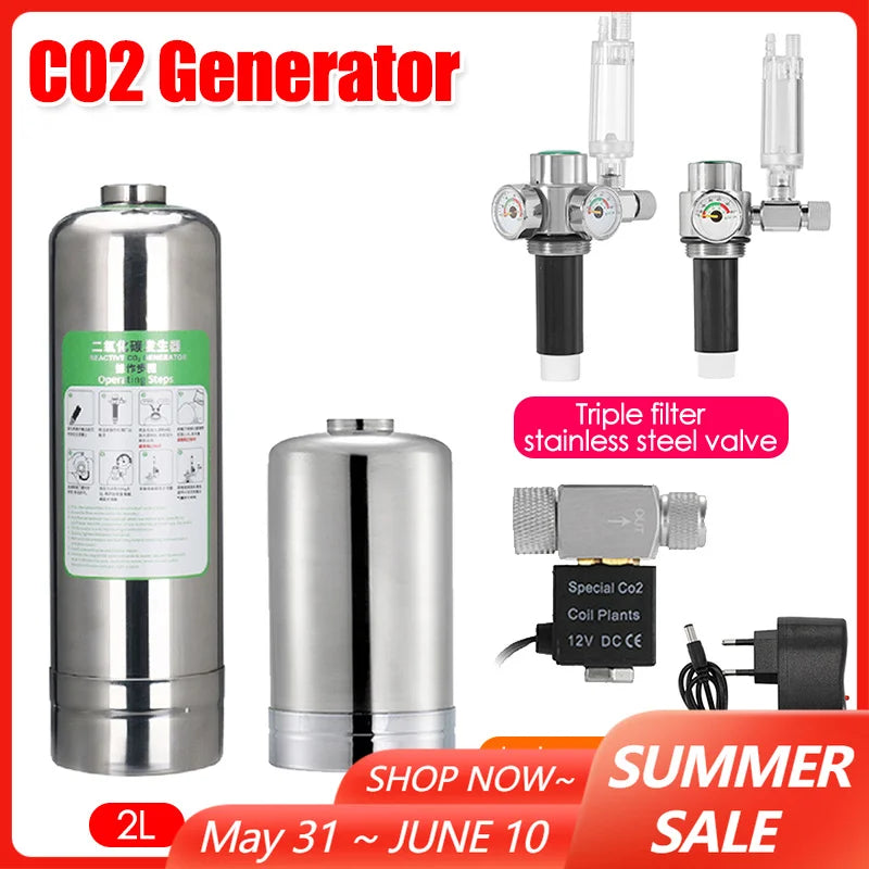 Generador de CO2 para acuario, botella de acero inoxidable de alta presión, cilindro de Gas, accesorios para acuario, 2L/1L