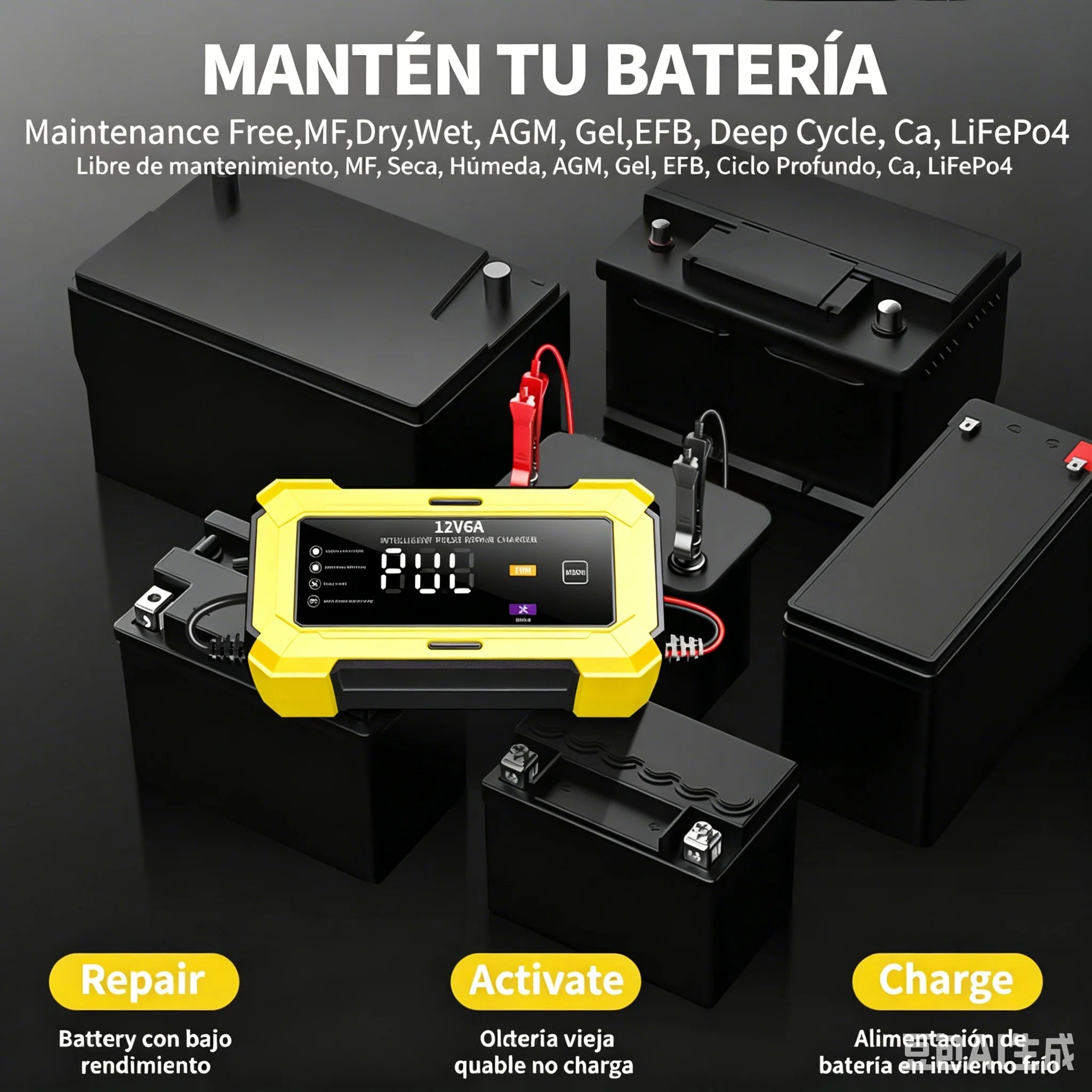 Cargador inteligente de pulso 12V 6A, adecuado para baterías de automóviles/motocicletas/camiones/AGM/GEL/EFB/ácido de plomo/LiFePO₄, con pantalla a color grande, cambio de modo con un solo botón,