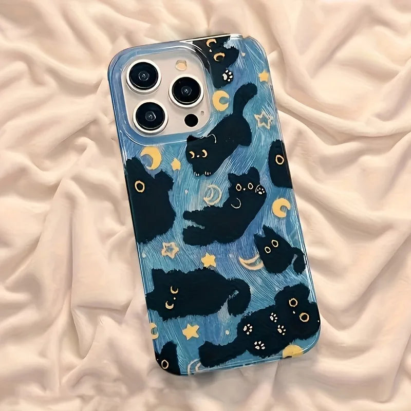 Funda de teléfono para iPhone 17 Pro Max 16E 16 15 14 13 12 11 XS X XR 7 8 Plus SE2 Air Moon Stars y gatos negros diseño funda de silicona