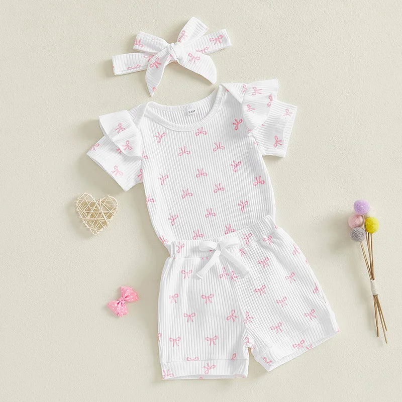 Conjuntos de verano para niña de 0 a 18 meses, pelele de manga corta con estampado de lazo, pantalones cortos de cintura elástica y diadema, conjunto de 3 uds.