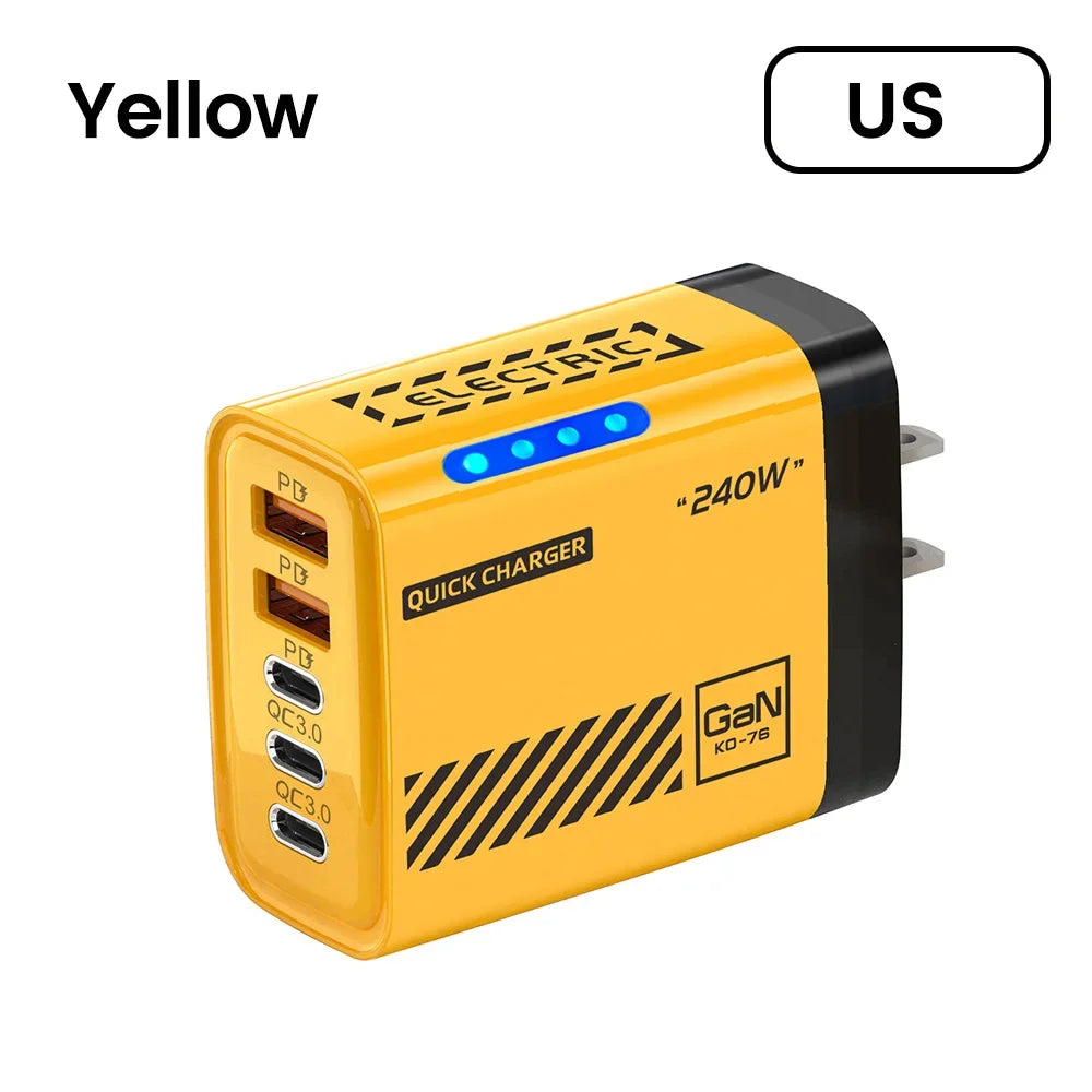 Cargador Rápido de Teléfono de 240W, Enchufe US/EU, QC3.0 PD USB, 5 Puertos, Cabezal de Carga GaN con Luz LED para iPhone 17 16, Samsung, Huawei