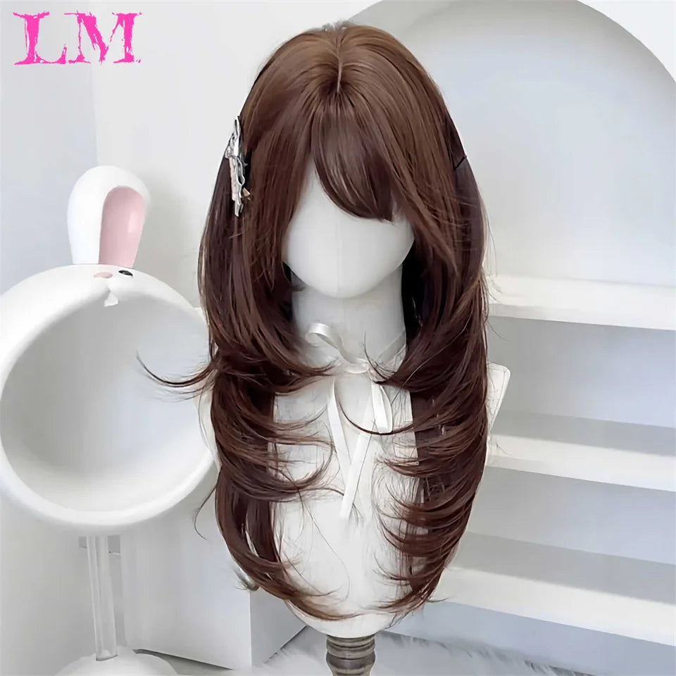 LM Rubio sintético Ombre mezclado rosa Rubio largo ondulado pelucas con flequillo Cosplay fiesta uso fibra resistente al calor para mujeres