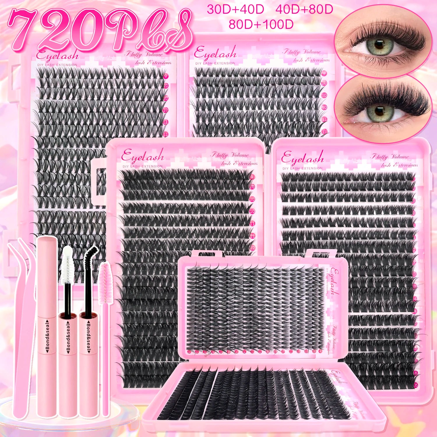 Kit de extensión de pestañas DIY, grupos de pestañas individuales de 9-16mm con unión y sello, pestañas naturales tenues
