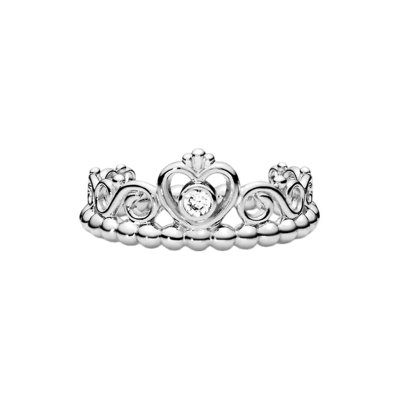 Anillo de Plata 925 con Corona y Corazón de Circonio Dorado para Mujer, Joyería Europea de Moda para Bodas y Fiestas, Regalo DIY