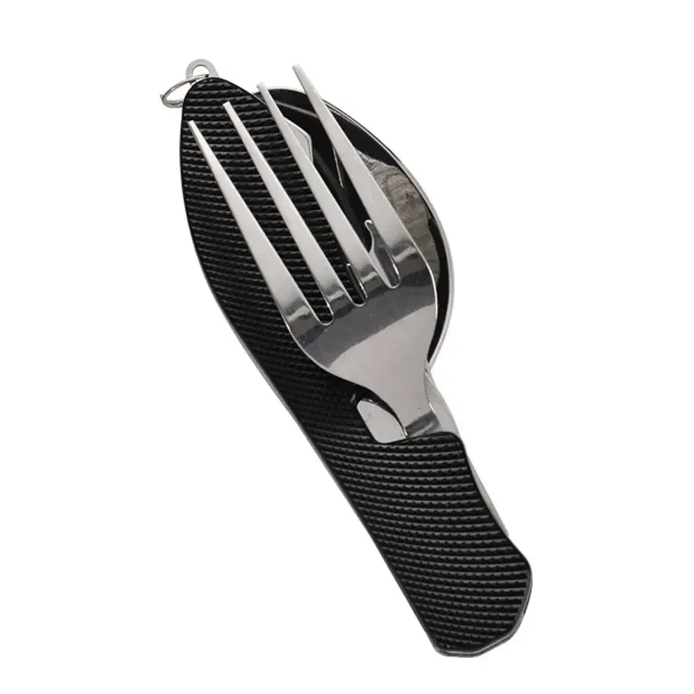 Juego de utensilios de camping plegables 4 en 1, cuchillo multifuncional, tenedor, cuchara, abridor de botellas para supervivencia al aire libre, deportes, camping y senderismo.