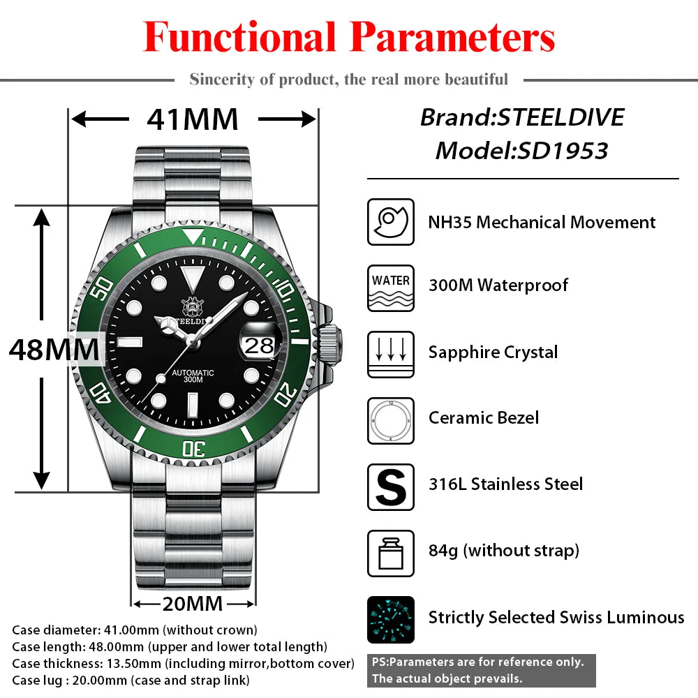 STEELDIVE SD1953 41MM clásico agua fantasma calendario lupa NH35 movimiento mecánico BGW9 superluminoso 30Bar reloj impermeable