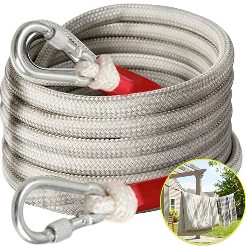 Cuerda de lavandería portátil a prueba de viento con núcleo de alambre de acero para secar ropa, ideal para camping y viajes al aire libre, con doble mosquetón.