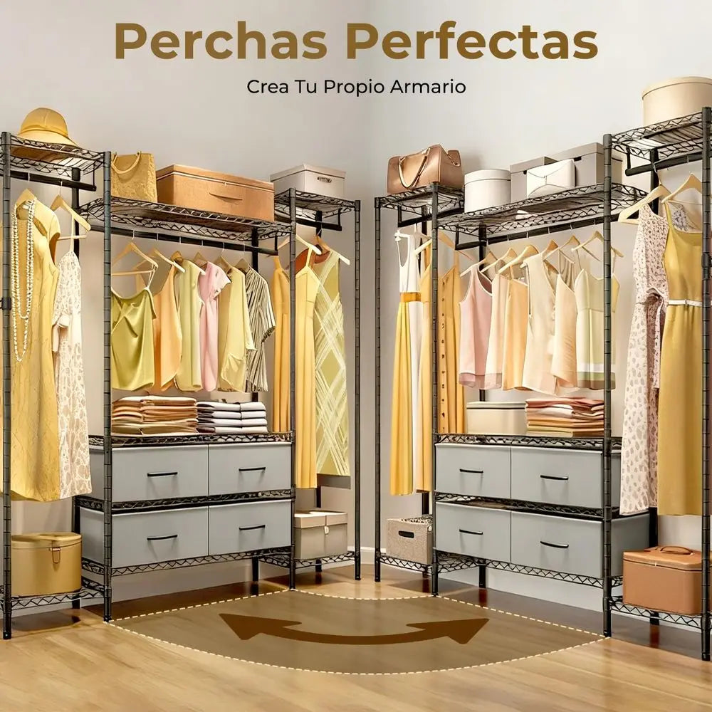 Armario Armable para Ropa con 3 Barras para Colgar, 6 Estantes, 2 Ganchos y 4 Cajones para Guardar Ropa, 144 x 37 x 180 cm, Rack para Ropa