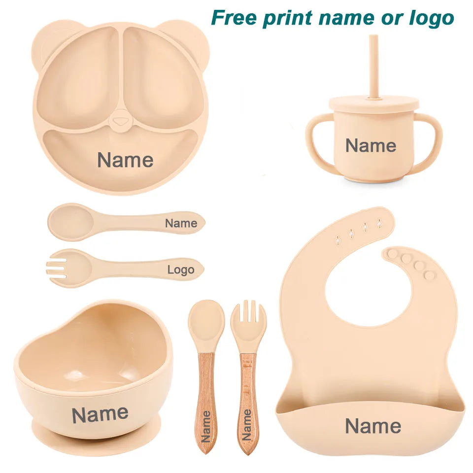 Vajilla de silicona para niños, juego de alimentación de bebé, plato de dibujos animados, nombre personalizado, taza con ventosa, plato, babero, regalo para recién nacido, 8 Uds./5 uds.