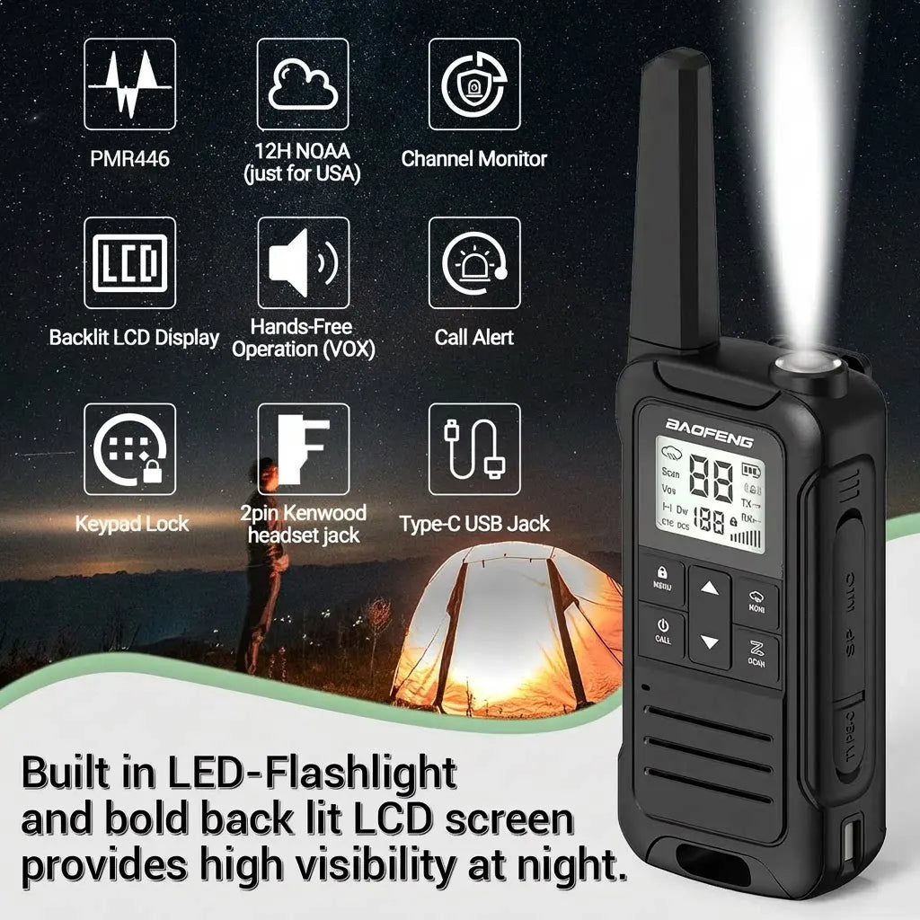 2PCS Baofeng F22 PMR 446MHz Mini Walkie Talkie Impermeable Tipo-C Sin Licencia NOAA Linterna Radio Bidireccional Portátil para Caza