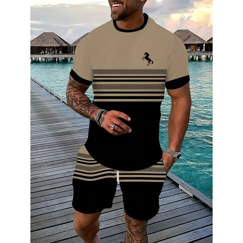 Conjunto informal de dos piezas con estampado 3D a rayas para hombre, camiseta de manga corta y pantalones cortos, conjunto para deportes al aire libre diarios de tela de poliéster