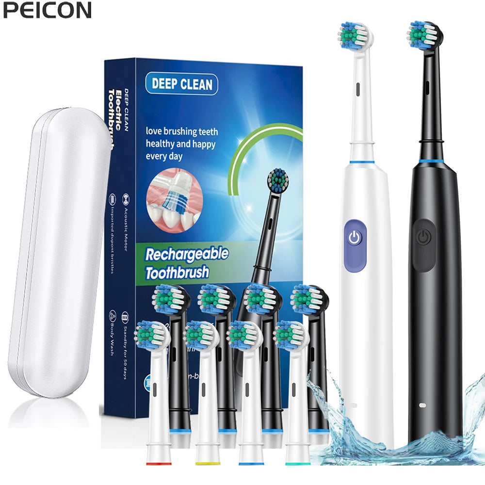Cepillo de dientes eléctrico, cepillo de dientes eléctrico recargable giratorio para adultos, cepillos de dientes eléctricos giratorios con 8 cabezales suaves