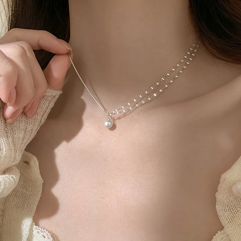 Collar de perlas de doble capa de Plata de Ley 925 con temperamento brillante, collar de cadena asimétrico, joyería de moda ﻿