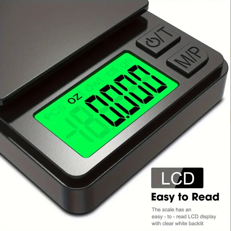 Báscula de bolsillo de precisión 1000 g x 0,01 g - Balanza digital de gramos, alimentos, joyas, onzas/granos con LCD retroiluminado - Mini báscula para viajes