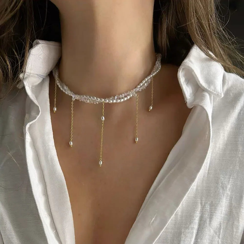 Collar con colgante de cadena con borlas a la moda para mujer, cadena de perlas de imitación y cristal transparente bohemio, joyería, regalo de San Valentín N0538