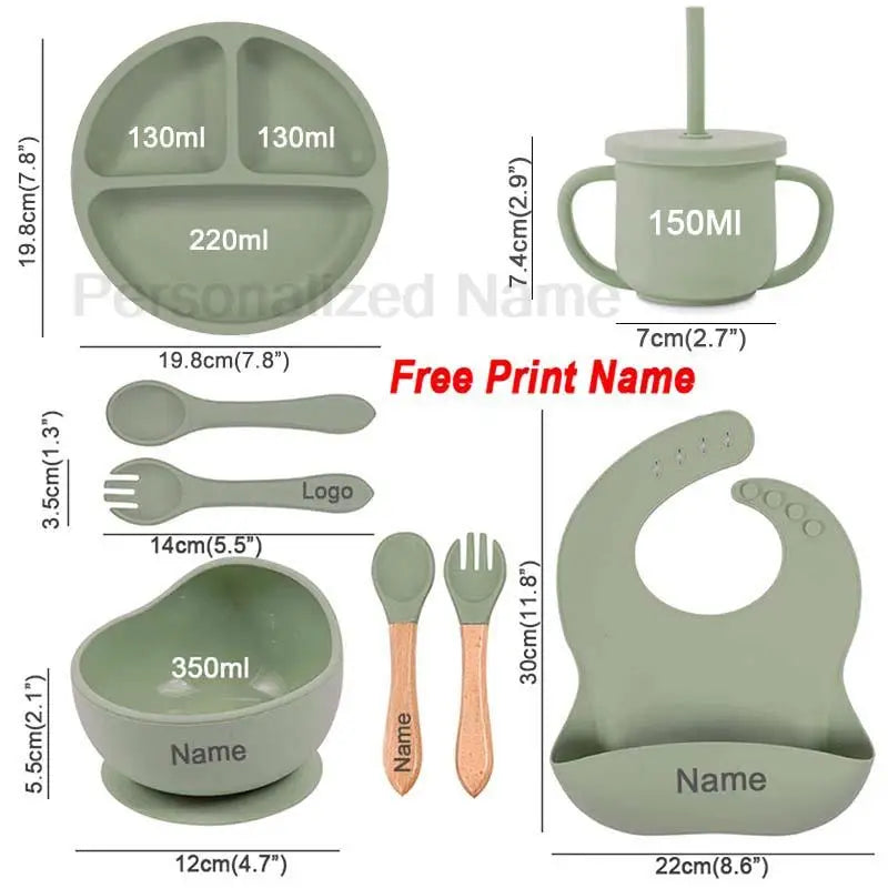 Juego de alimentación de silicona para bebé, plato de comedor redondo, cuenco con ventosa, platos para niños, vajilla con nombre personalizado, taza de paja, 8 Uds.