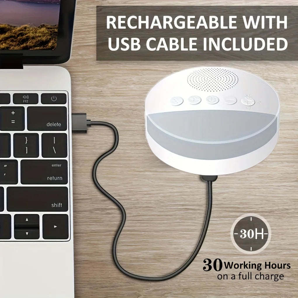 Máquina portátil de ruido blanco recargable por USB de 1200mAh con luz nocturna, 9 sonidos relajantes, temporizador de apagado para uso en el hogar/oficina