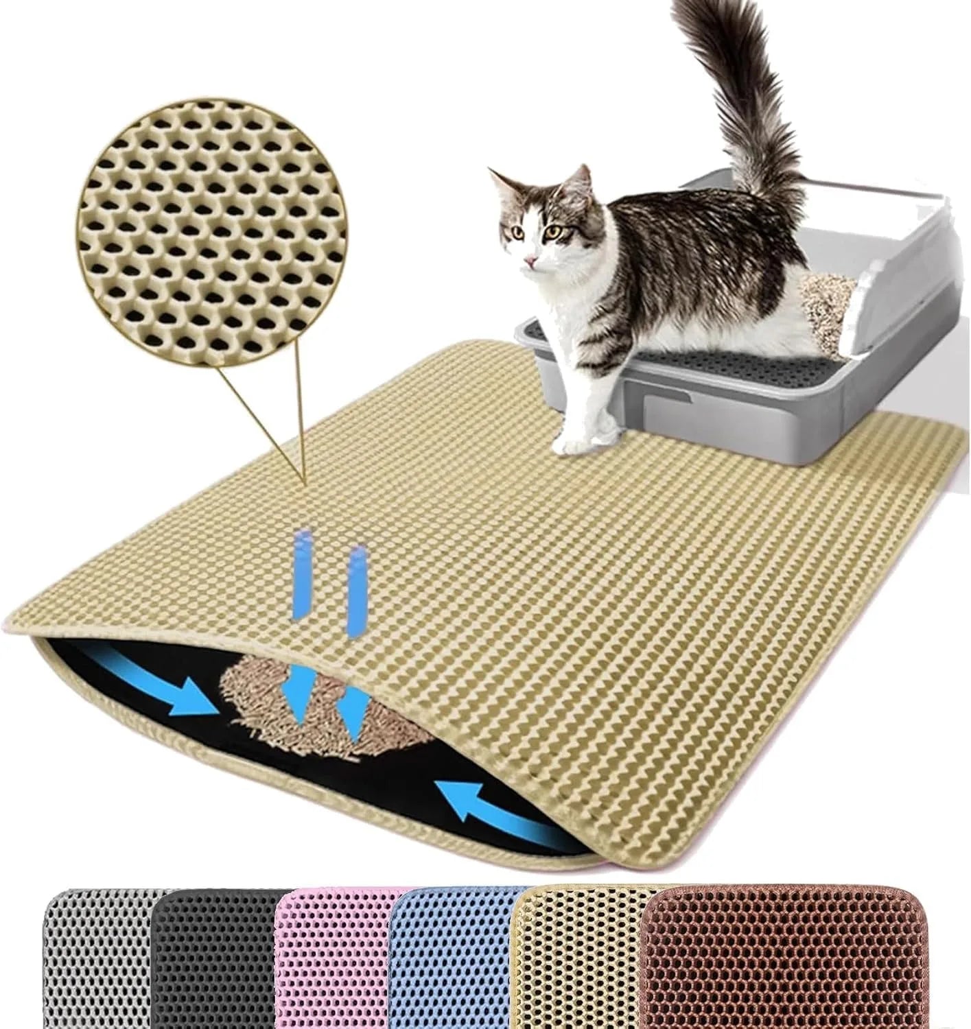 Estera de arena para gatos, doble capa, antideslizante, caja de arena para mascotas grande, estera con filtro, resistente al desgaste, impermeable, antideslizante