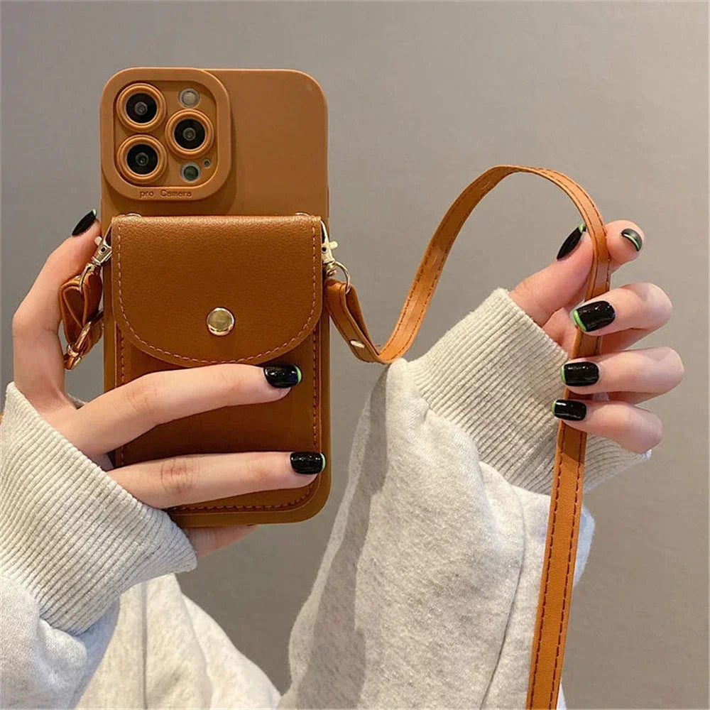 Funda de Lujo para Teléfono con Correa para el Cuello, Tipo Cartera de Cuero, para iPhone 16 Pro 14 11 12 13 15 17 Pro Max Plus, con Ranuras para Tarjetas
