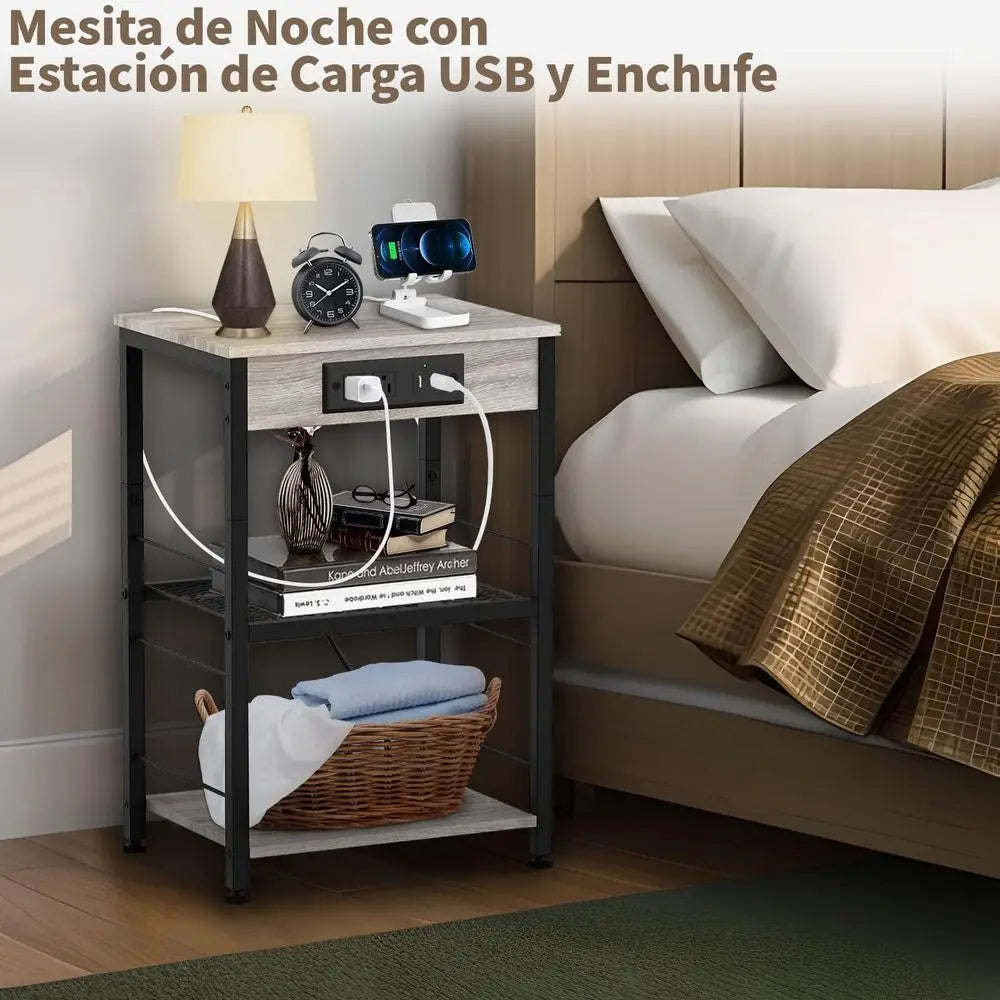 Mesa de Noche para Recámara con Estación de Carga, 2 Enchufes y 2 Puertos USB, Mesa de Noche Retro, Mueble