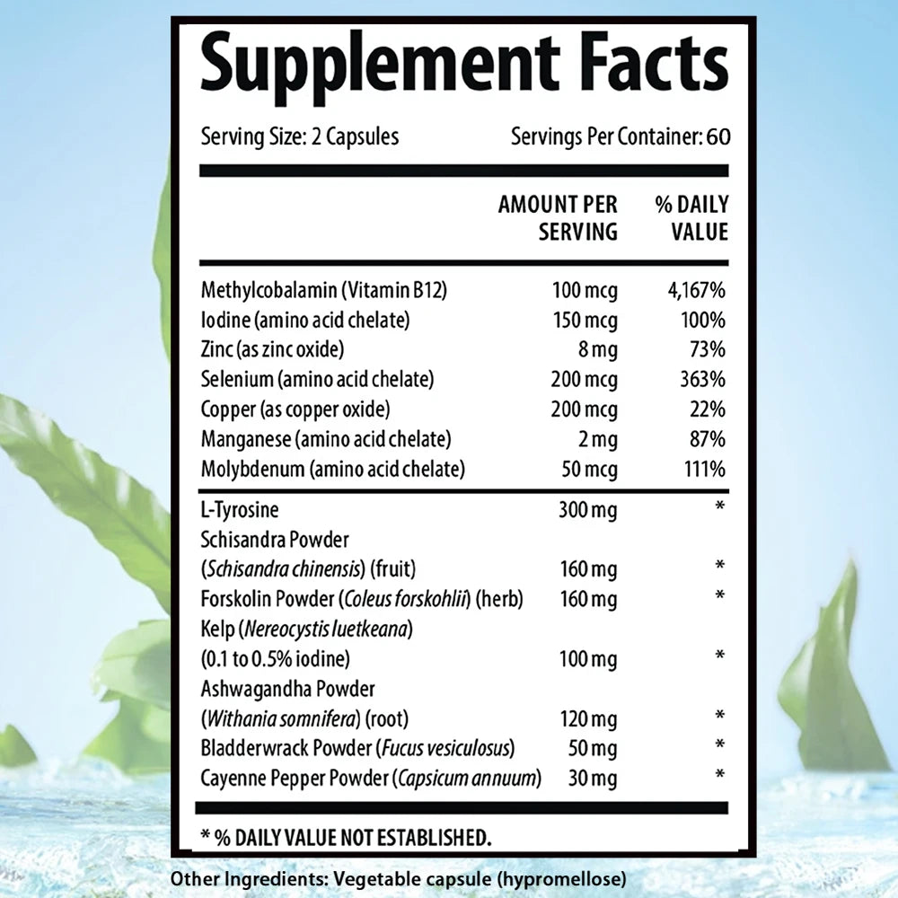 Suplemento Tiroideo con L-tirosina, Iodo, Zinc y Selenio - Promueve la Memoria, Cognitiva, Salud y Metabolismo de Tiroides, NO-GMO