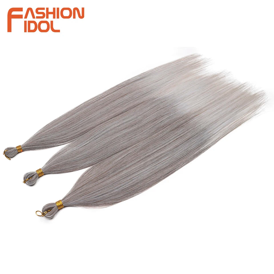 FASHION IDOL, 28 pulgadas, 300g/3 piezas, cabello liso, cabello trenzado sintético, extensiones de cabello de fibra resistente al calor, color gris ombré