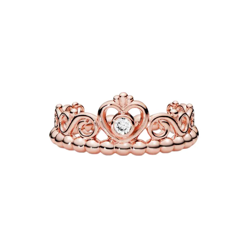 Anillo de Plata 925 con Corona y Corazón de Circonio Dorado para Mujer, Joyería Europea de Moda para Bodas y Fiestas, Regalo DIY