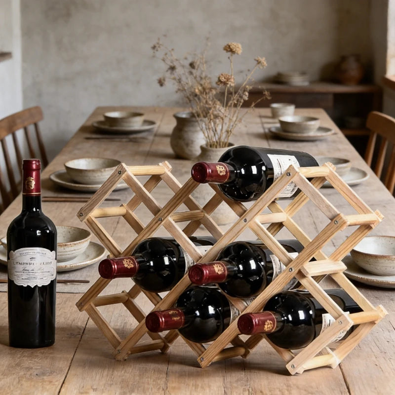 Estante de Madera Plegable para Almacenamiento de Vino, para 3-10 Botellas, Fácil de Montar, Apilable, para Organización del Hogar, Bar, Cocina o Bodega