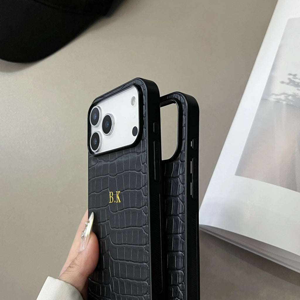 Funda de piel sintética con patrón de cocodrilo clásico con nombre personalizado de lujo para iPhone 17 16 15 14 13 12 11 Pro Max 17 estampado de lámina caliente de aire