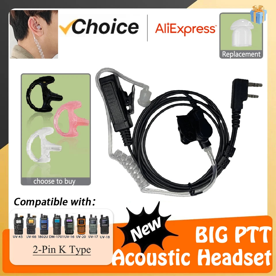 Auricular de seguridad con tubo de aire acústico oculto tipo K de 2 pines, auricular con micrófono para Walkie Talkies, auricular para Radios Kenwood Baofeng