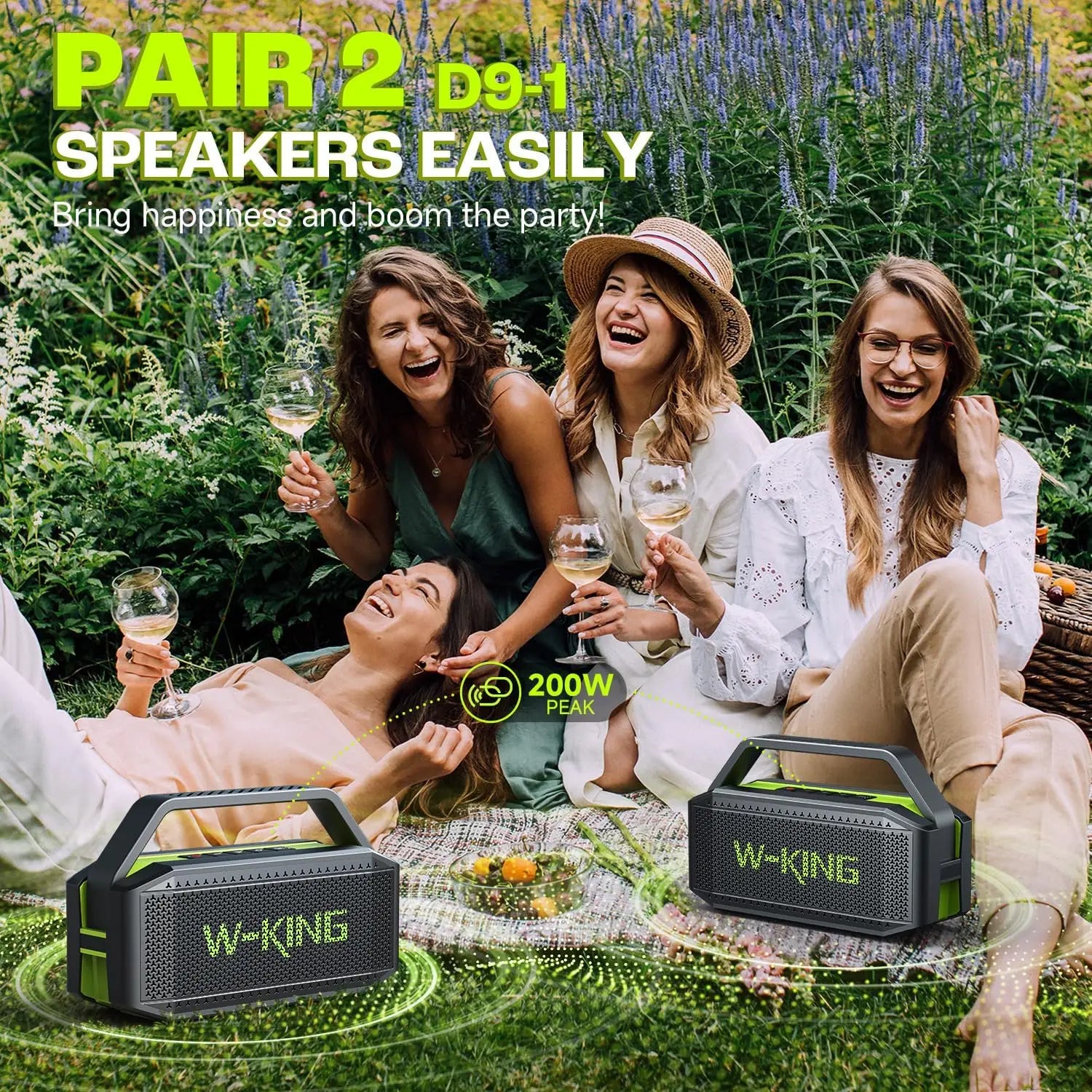 Altavoz Bluetooth W-KING D9-1 Verde, 100W Pico, 60W HD, IPX6, Portátil, Inalámbrico, Resistente al Agua, para Fiestas al Aire Libre, con 2 Subwoofers/Radiador Pasivo Extra Grande, Bajos Profundos, 40H, PowerBank, TF, AUX, E