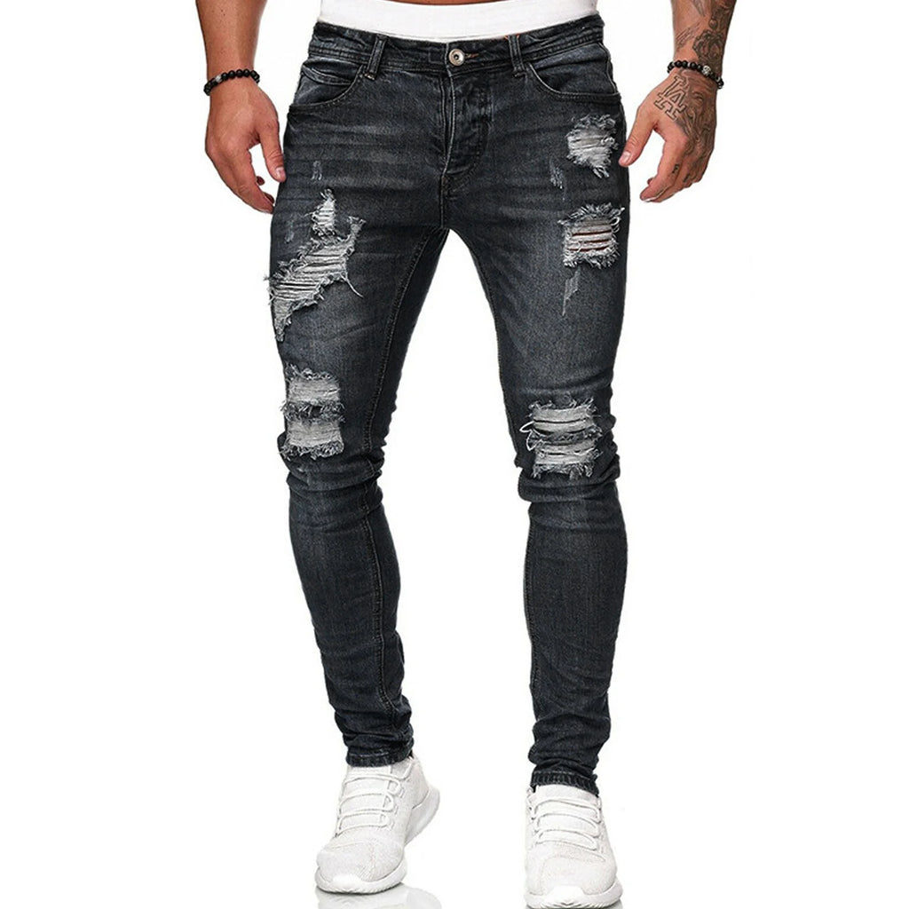 【Venta】Pantalones desgastados para hombre, pantalones ajustados informales con botones y cremallera a la moda con bolsillos para fiesta de viaje