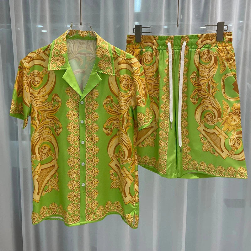Conjuntos de camisa hawaiana Social de lujo para hombre, Top de manga corta con solapa a la moda, pantalones cortos, traje de 2 piezas, traje informal holgado para hombre