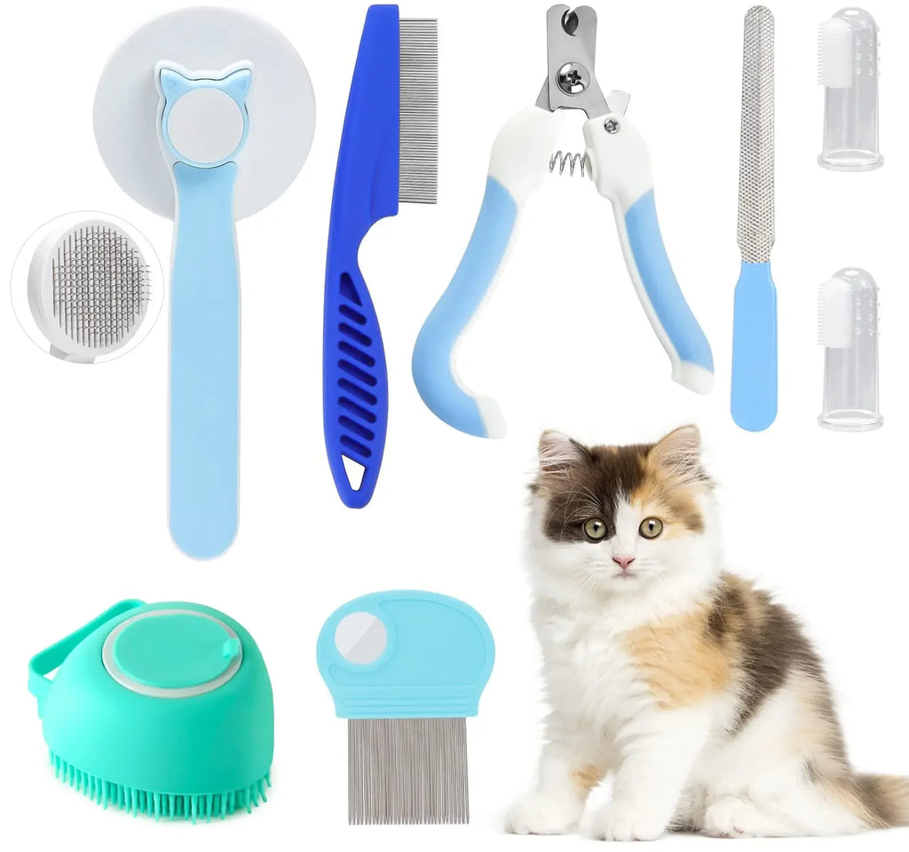 Kits de cuidado de cepillos para gatos, peine para pulgas, cepillo de baño para champú para mascotas, cepillo para quitar mascotas, cepillo de dientes de silicona, 8 Uds.