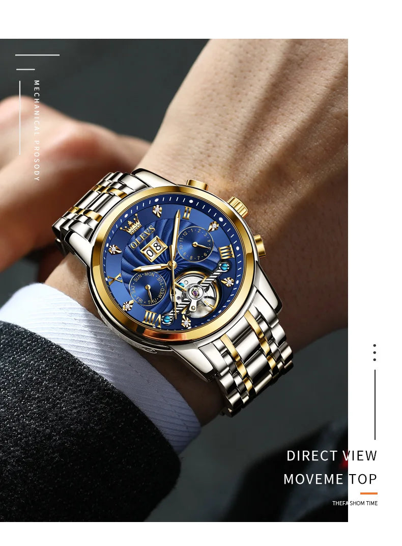OLEVS 9910 Reloj para hombre Tourbillon de lujo Original Reloj mecánico automático Reloj luminoso resistente al agua con fecha y día con caja Reloj
